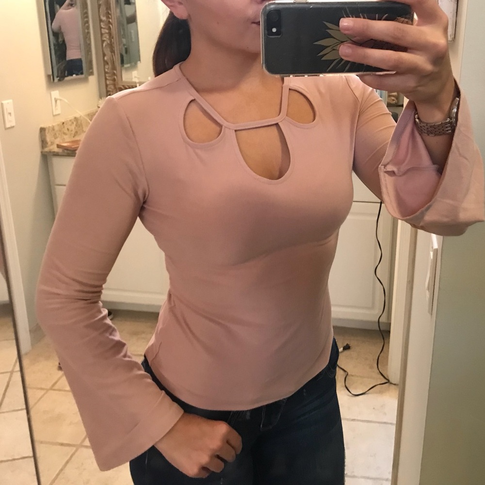 Faux Suede Pale Pink Top with Bell Sleeves👚